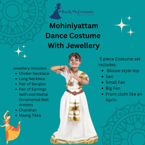 BookMyCostume Mohiniyattam Saree Indian Classical Dance Costume for Girls and Women with 10 Pcs  Jewellery Set